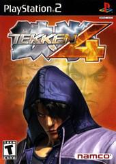 The cover art for Namco's "Tekken 4" on PlayStation 2 features a character wearing a purple hoodie with a serious expression, positioned in front of two determined older men. The "Tekken 4" logo gleams at the top, highlighting the exhilarating aspects of fighting games and interactive arenas. The game is rated "T for Teen" by ESRB.