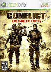 Cover of Eidos' "Conflict: Denied Ops" for Xbox 360. It features two heavily armed soldiers advancing, highlighting tactical shooter action with military helicopters and smoke in the backdrop. The bold, distressed title emphasizes its intense co-op gameplay experience. Rated "M" for Mature, the cover also displays the Xbox Live and Eidos logos.