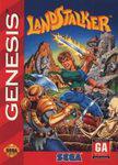 The "Landstalker" cover art for Sega Genesis features a treasure hunter with a sword among creatures in rocky landscapes. The action-adventure RPG's scene is set against mountains, with the red Genesis logo vertically on the left and Sega branding at the bottom.