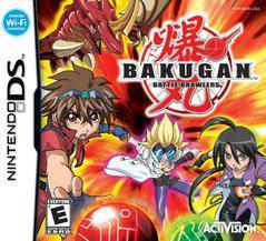 The Nintendo DS game cover for "Bakugan Battle Brawlers" features strategic battles with dynamic characters and mythical creatures, prominently displaying the title. Logos for Nintendo Wi-Fi, an "E" rating, and Activision are also featured at the bottom.