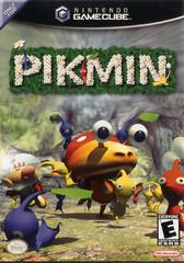 The GameCube cover art for Nintendo's "Pikmin" features Captain Olimar and colorful Pikmin in a lush, natural scene. The floral-lettered "Pikmin" logo graces the top. This captivating strategy game holds an ESRB rating of "E for Everyone.