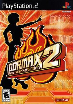 The DDRMAX2 cover art for PlayStation 2 shows a dancer silhouette with an arm raised against a glowing orange backdrop. The fiery DDRMAX2 logo and 