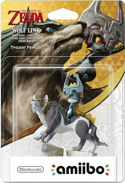 The image shows a packaged Wolf Link (Twighlight Princess) figure from Nintendo, featuring Wolf Link with Midna riding on his back. The packaging displays vibrant artwork of Midna and Wolf Link, along with the title "The Legend of Zelda" at the top and the Nintendo amiibo logo at the bottom, highlighting these interactive figures.