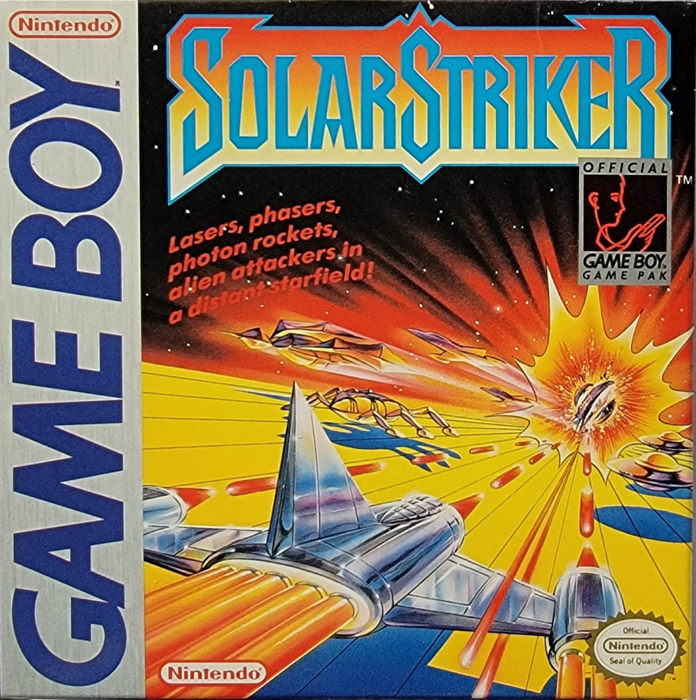 Cover art for the Game Boy title "Solar Striker" by Everything Games showcases a spaceship firing lasers with bright yellow and red trails against alien ships in space. The design includes stars and prominently displays "SOLARSTRIKER," along with Nintendo and Game Boy logos on the side.