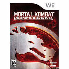 The "Mortal Kombat Armageddon" Wii cover by Midway features the iconic dragon logo in red and silver against a fiery backdrop. The title, highlighting the All-Characters Roster, is displayed at the top with the Wii logo in the upper right corner. It's rated M for Mature by the ESRB.