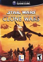 The cover of Lucas Arts' GameCube game, "Star Wars: The Clone Wars," showcases Jedi Knights and soldiers engaged in battle under an orange sky. Above, a spacecraft streaks across the sky, hinting at intense lightsaber duels to come. The title and logos are prominently featured alongside a T for Teen ESRB rating.