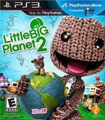 The cover of "Little Big Planet 2" for the PS3, by Sony, features a knitted character with a globe in its hands, capturing the creativity of this platformer game. The background is filled with whimsical and colorful creatures and objects, along with logos for PlayStation Move, Sackboy, and PS3. It carries an E rating from ESRB for Everyone.