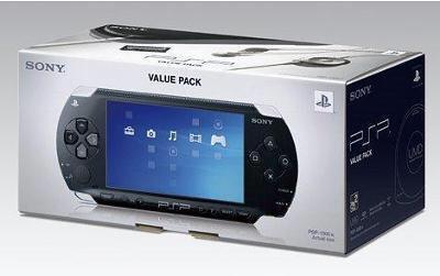 A retail box of a Sony Playstation Portable. The box displays an image of the PlayStation Portable console, showing the front screen with various icons and a collection of PSP games. The packaging includes branding elements like the Sony and PlayStation logos, and the text "VALUE PACK" is prominently displayed.