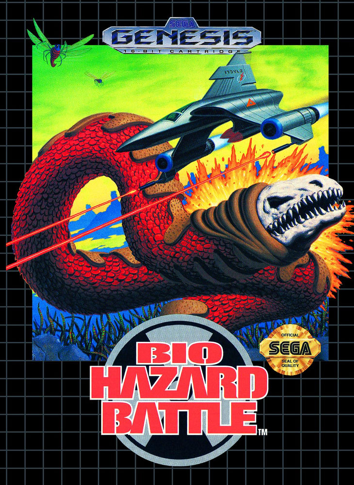 The Sega Genesis game "Biohazard Battle" cover art showcases a retro style with a red, snake-like creature featuring sharp teeth facing left, alongside a futuristic aircraft in the background. The bold title "Biohazard Battle" is prominently displayed at the bottom in striking red.