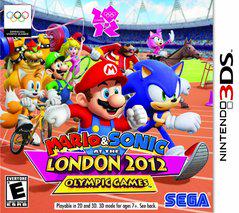 The cover art for "Mario and Sonic at the London 2012 Olympic Games" on Nintendo 3DS features Mario, Sonic, and friends racing on an Olympic track with a vibrant stadium backdrop showcasing the iconic Olympic and Sega logos alongside the game title.