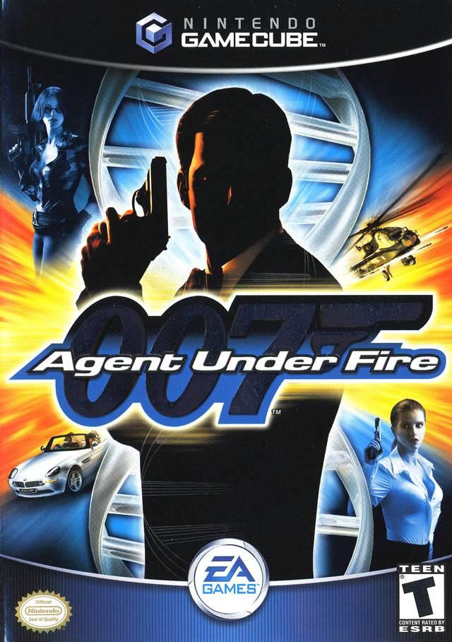 The cover art for the EA Games title "007: Agent Under Fire" on Nintendo GameCube features a silhouetted secret agent with a gun amidst dynamic action elements, including a woman, car, helicopter, and other characters. The prominent "007" branding and the Teen rating are displayed in the corners.