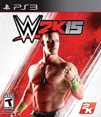 The WWE 2K15 (PS3) cover features a wrestling superstar with a muscular build in green wristbands and armbands on a dynamic red and white background. The prominent game logo is at the top, with 2K and 