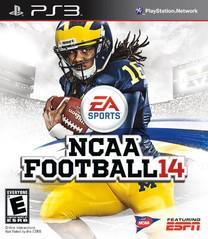 Cover of NCAA Football 14 on PS3 by EA Sports, shows an athlete in blue and yellow gear sprinting with a football. ESPN and PlayStation Network logos adorn it, with the 