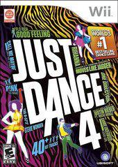 Cover of Just Dance 4 (Wii) by Everything Games features dancers in colorful outfits against a striped backdrop. Highlights songs by Flo Rida, Rihanna, and others. Includes 