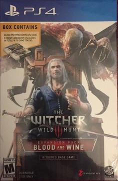 Box cover for "The Witcher 3: Blood and Wine" on PS4 features Geralt in Toussaint on a throne with a goblet, overshadowed by a monster. Requires the base game and is rated M for Mature.