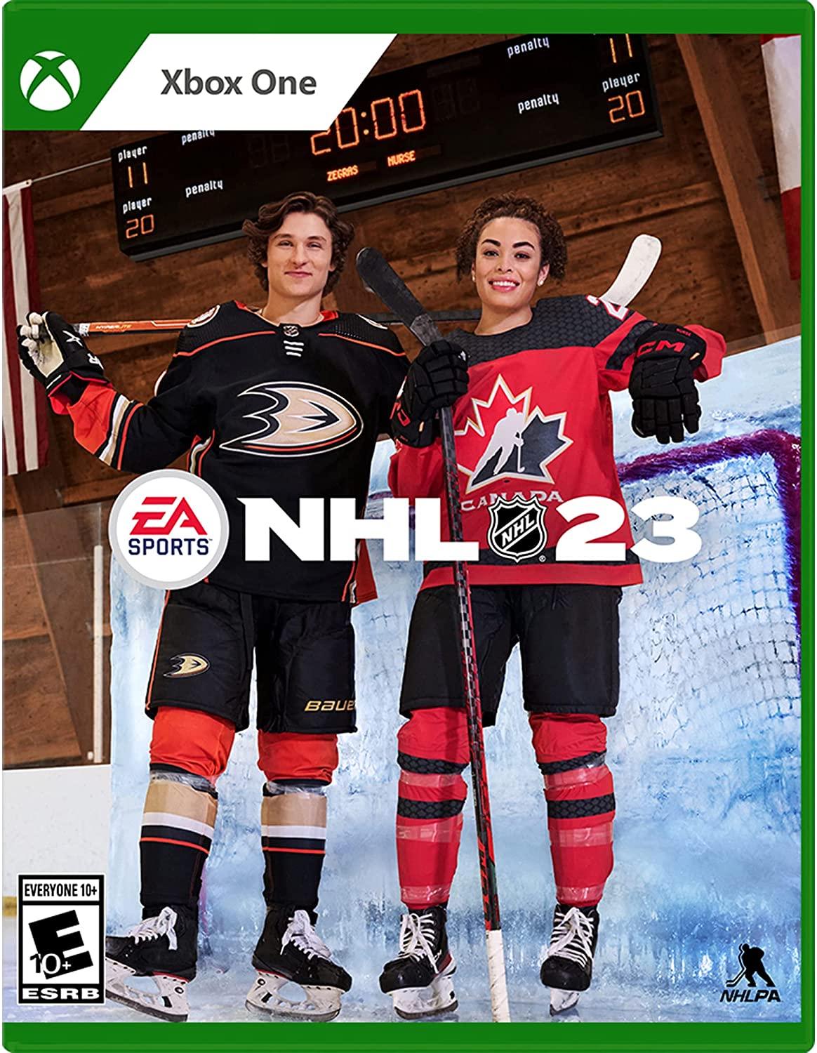 Cover of NHL 23, an EA Sports game for Xbox One, shows two players in full gear; one in a black Anaheim Ducks jersey and the other in a red Team Canada jersey, set against an icy surface and an electronic scoreboard.