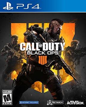 The "Call of Duty: Black Ops 4" cover art on PS4 from Everything Games features three soldiers in tactical gear, emphasizing its intense multiplayer mode. The central figure holds a weapon against an orange backdrop with "III." ESRB M rating, internet required, Treyarch, and Activision logos are displayed at the bottom.