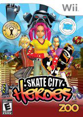 The cover art for the "Skate City Heroes" Wii game by zoo showcases three animated characters: a pink-haired female at the forefront with two males, all clutching skateboards, set against a futuristic cityscape. A giant robot towers over them, promising an exciting skateboarding journey. The game's logo and ratings are also visible.