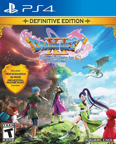 Cover art for "Dragon Quest XI: Echoes of an Elusive Age Definitive Edition" by Square Enix on PS4 features fantasy characters on a cliff with a dragon flying behind, highlighting new scenarios, 2D mode, and orchestral music. Rated Teen.