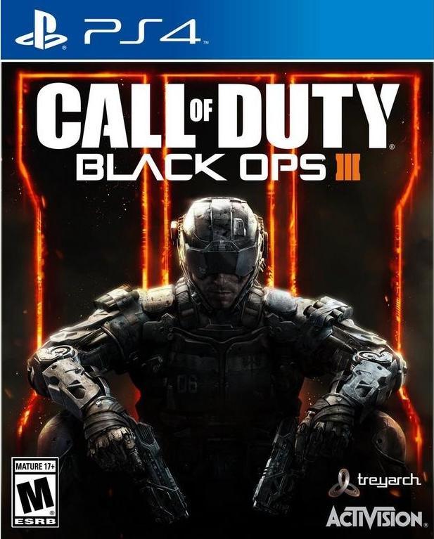 The PS4 game cover for "Call of Duty Black Ops 3" by Activision shows a soldier in futuristic armor, bowed head, and a dark background with three vertical orange lines. Treyarch's logo appears at the bottom alongside an ESRB rating of M for Mature 17+.