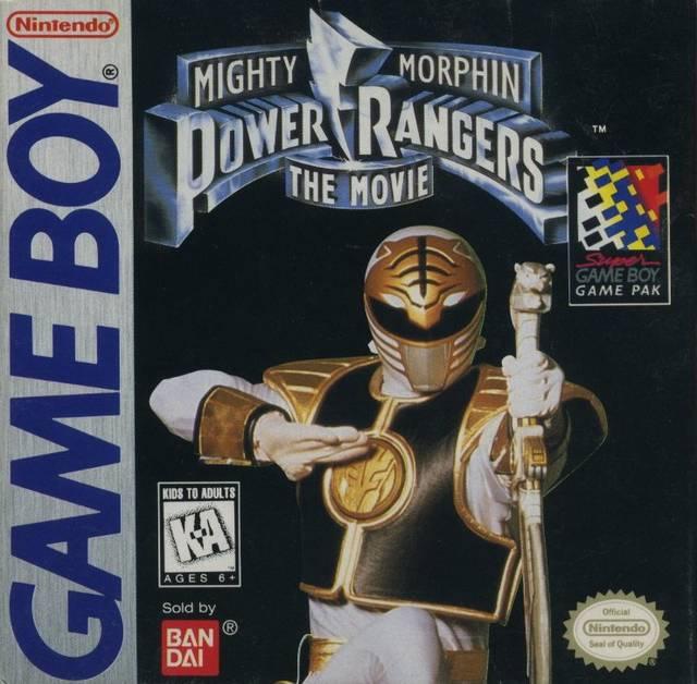 Cover art for "Mighty Morphin' Power Rangers: The Movie" by Bandai. Features the White Ranger in an action pose with a weapon. Includes game title, age rating, and logos for Nintendo and Bandai. Black background with dynamic lighting and a hint of Ivan Ooze's ominous presence.