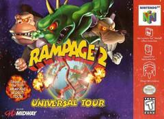 The "Rampage 2 Universal Tour" cover for Nintendo 64 by Midway features a gorilla, lizard, and wolf emerging from a globe with logos for Nintendo 64 and Midway. Text highlights "New! 3 Giant Monsters!" and includes a cooperative multiplayer mode.