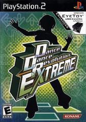 Cover of Everything Games' "Dance Dance Revolution Extreme" for PlayStation 2, with a silhouetted dancer on a green and blue digital background. PlayStation and Konami logos are displayed, alongside an image of the EyeToy USB camera.