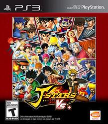 The "J-Stars Victory VS+" PS3 cover art features an anime crossover collage on a red backdrop, with the game's logo centered at the bottom next to the PlayStation and ESRB Teen logos. Crafted by Bandai Namco Entertainment, it's ideal for fans of team-based combat!.