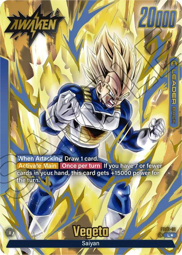 The Vegeta (FS02-01) (Gold) Leader Card from Dragon Ball Super: Fusion World showcases spiky blonde hair, a yellow aura, and blue/white armor. The text 