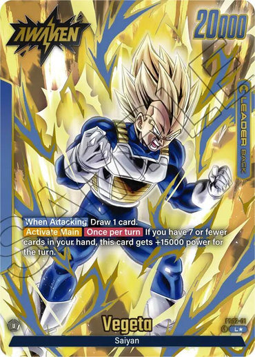 The Vegeta (FS02-01) (Gold) Leader Card from Dragon Ball Super: Fusion World showcases spiky blonde hair, a yellow aura, and blue/white armor. The text "AWAKEN" appears with 20,000 power and back leader stats. Abilities include "When Attacking, Draw 1 card" and "Activate Main Once per turn," set against an energetic background.