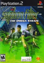 Cover of the Syphon Filter Omega Strain game for PlayStation 2 by Sony. It depicts four armed characters poised for action against a backdrop of city buildings, with green smoke in the foreground. The ESRB rating is 