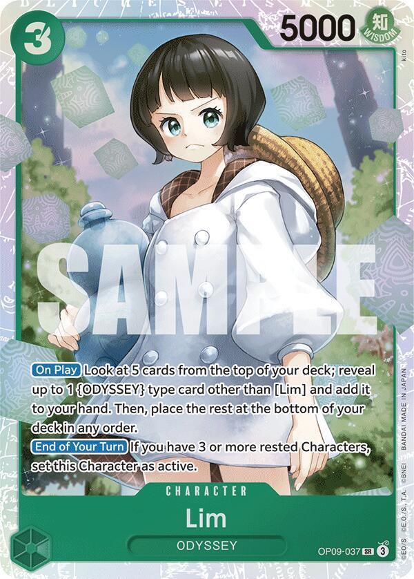 This Super Rare Bandai trading card features Lim from the Emperors in the New World series. Lim has short black hair, green eyes, and a white coat. The card is an 