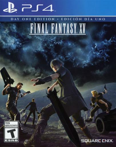 PS4 game "Final Fantasy XV" cover shows four characters on rocky terrain, weapons drawn under a dramatic, cloudy sky. An open-world action RPG by Square Enix with a Teen ESRB rating has its title at the top.