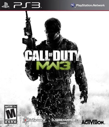 The cover art for "Call of Duty Modern Warfare 3" on PS3 features a soldier silhouetted with a rifle against a smoky white backdrop. Boldly displayed is the game's title, along with logos for Infinity Ward, Sledgehammer Games, and Activision.