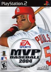 Cover of "MVP Baseball 2004" by Everything Games for PlayStation 2 features a player in a red cap and white jersey with "Pujols" number 5, bat on shoulder, eye black applied. Central EA Sports logo, MLB and ESPN logos below emphasize the Advanced Hitting Control feature.