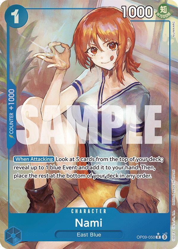 This rare anime-style character card by Bandai features Nami, a red-haired girl in an orange top and blue skirt, wielding a long staff with 1000 power, 1 counter, and a 