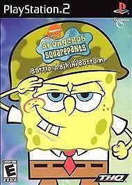 Cover art for the PS2 game "SpongeBob SquarePants: Battle for Bikini Bottom" shows SpongeBob smiling and saluting in a military helmet with the game's logo. The background is purple. Rated E for Everyone, the game is published by THQ.