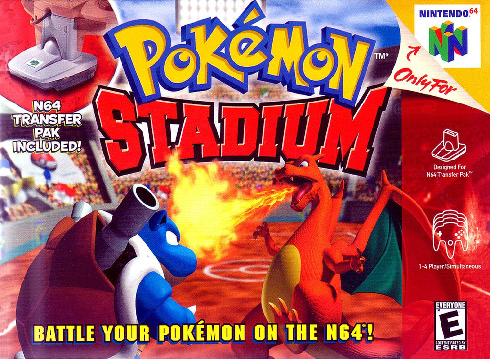 The Nintendo game "Pokemon Stadium" for N64 features cover art with Blastoise vs. Charizard in an arena. The title is prominently displayed alongside text like "N64 Transfer Pak Included!" and "Battle Your Pokémon on the N64!" Exclusive logos are featured, and it's rated E.