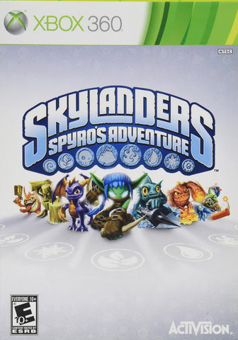 The Xbox 360 game "Skylanders: Spyro's Adventure" by Activision, rated E10+, displays the iconic Portal of Power and vibrant Skylanders characters, including Spyro, lined up at the bottom with elemental symbols gracing the background.