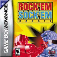 The Game Boy Advance game "Rock 'em Sock 'em Robots" by DSI Games features a dynamic cover art with red and blue robots battling over a yellow starburst. The bold game title appears at the top in red and yellow, alongside the "E" rating and DSI Games logo.