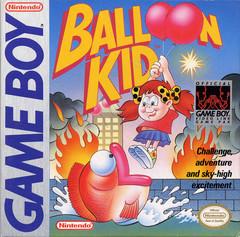 The "Balloon Kid" Game Boy cover by Everything Games exudes retro charm: a cartoon red-haired girl with pigtails flies clutching red balloons, a bright fish leaps below, and promises "Challenge, adventure, and sky-high excitement," alongside Nintendo and Game Boy logos.