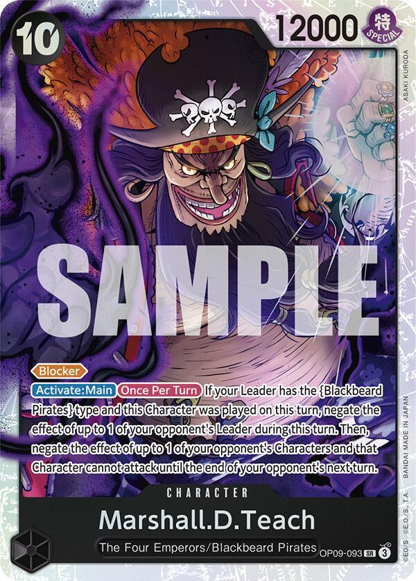 A Bandai Super Rare card showcases Marshall D. Teach [Emperors in the New World] from the Blackbeard Pirates, one of the Emperors in the New World. He has 12000 power and 10 cost, featuring "Blocker" and "Activate: Main" abilities with a dark pirate-themed design.