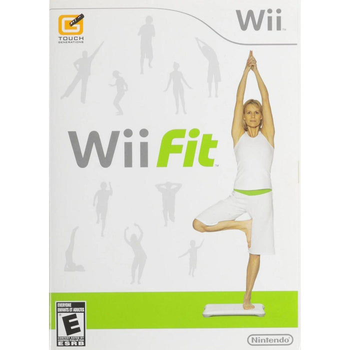 The image shows the cover art for "Wii Fit," a fitness video game for the Everything Games console. The cover features a woman in a yoga pose on a Wii Balance Board, surrounded by gray silhouettes of people engaging in various exercises and balance games. The "Wii Fit" logo is prominently displayed in the center.