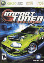 The "Import Tuner Challenge" Xbox 360 cover features a vibrant green Japanese performance car with an exposed engine, set against skyscrapers and a night sky. Street racing vibes stand out, with visible Xbox and Ubisoft logos, and an "E" rating for everyone.