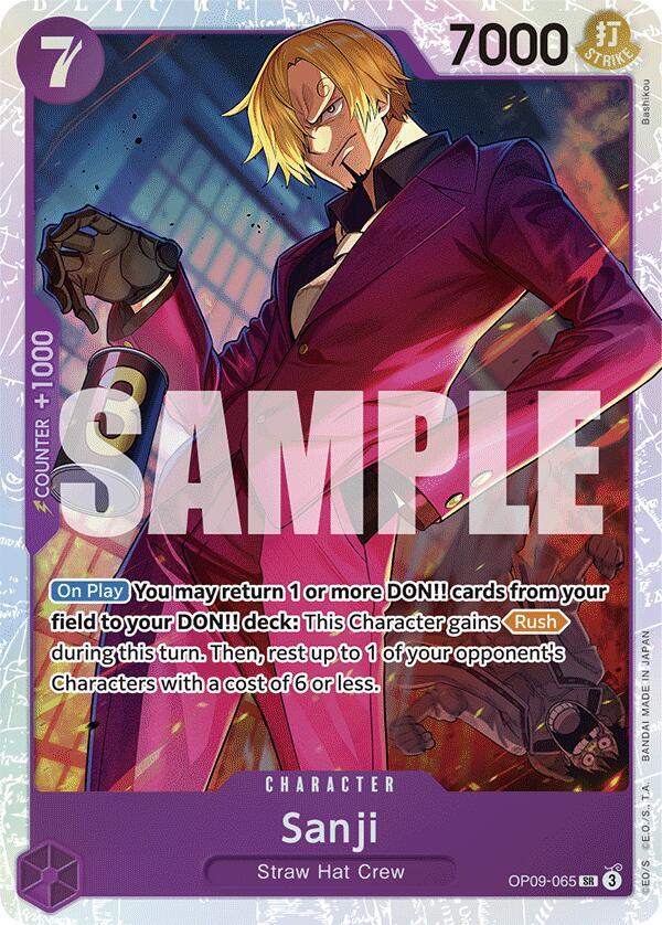 This super rare Bandai character card, Sanji [Emperors in the New World], features stunning artwork of Sanji with his fiery kick, abilities like 