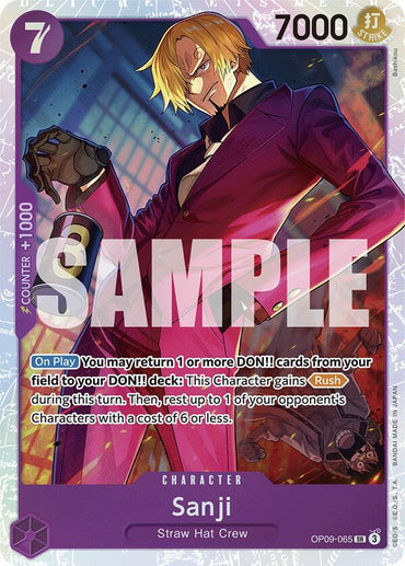 This super rare Bandai character card, Sanji [Emperors in the New World], features stunning artwork of Sanji with his fiery kick, abilities like "return 1 or more DON!! cards" and "Rush," and power of 7000 at a cost of 7 for your journey with the Emperors.