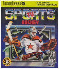 Cover of "TV Sports Hockey" for TurboGrafx-16. A goalie in red and white gear, stick ready. Features "16-Bit Graphics," realistic hockey simulation, and supports 1-5 players. NEC's logo is prominently displayed.