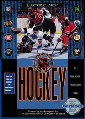 The cover of "NHL Hockey Sega Genesis" by Sega showcases retro gaming excitement with a live-action shot of two players battling: one in white, one in red. NHL logos adorn the scene with bold "NHL Hockey" text and the Electronic Arts logo completing the nostalgic tribute.