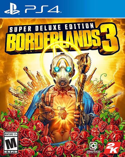 The "Borderlands 3 (Super Deluxe Edition)" for PS4 cover displays a masked character with a firearm making a glowing hand gesture, surrounded by roses, guns, and golden light. The title of this first-person shooter is prominent above; ESRB, Gearbox, and 2K logos sit at the bottom.