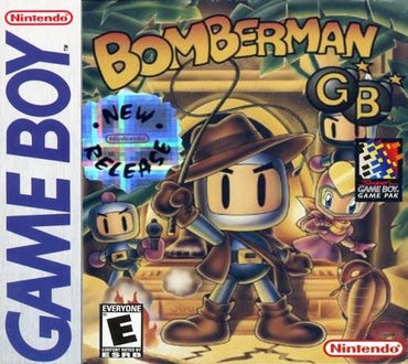 The "Bomberman GameBoy" cover by Nintendo shows a cartoon Bomberman in explorer gear with a whip, two Bombermen in the background, and retro gaming aesthetics. It features the Game Boy and Nintendo logos and is ESRB-rated "E for Everyone.